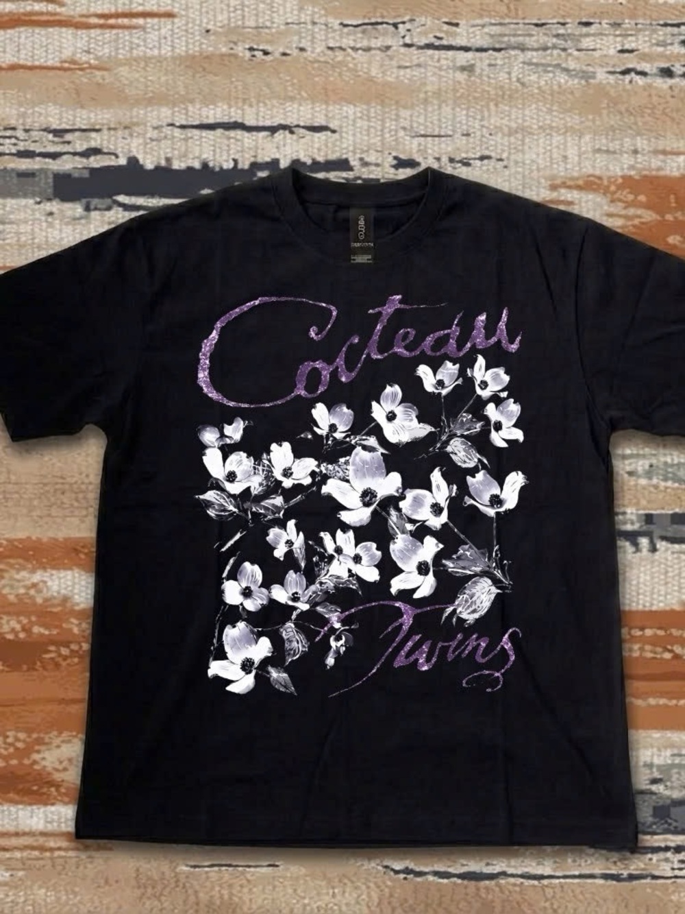 Cocteau Twins Floral Graphic Tee - Black & White with Purple Script